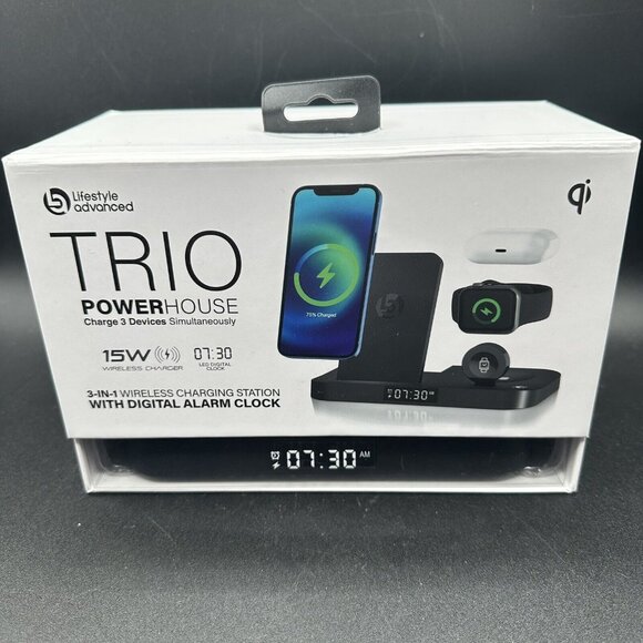 Wireless Charging Station W/ Alarm Clock 3-in-1 Qi Apple Watch AirPods iPhone - Picture 1 of 8